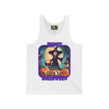 Happy Halloween Little Witch Purple font Unisex Jersey Tank Top by CreepyCrafts.boo