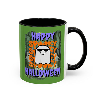 Spooky Happy Halloween Ghost Purple font Green Accent Mug by CreepyCrafts.boo