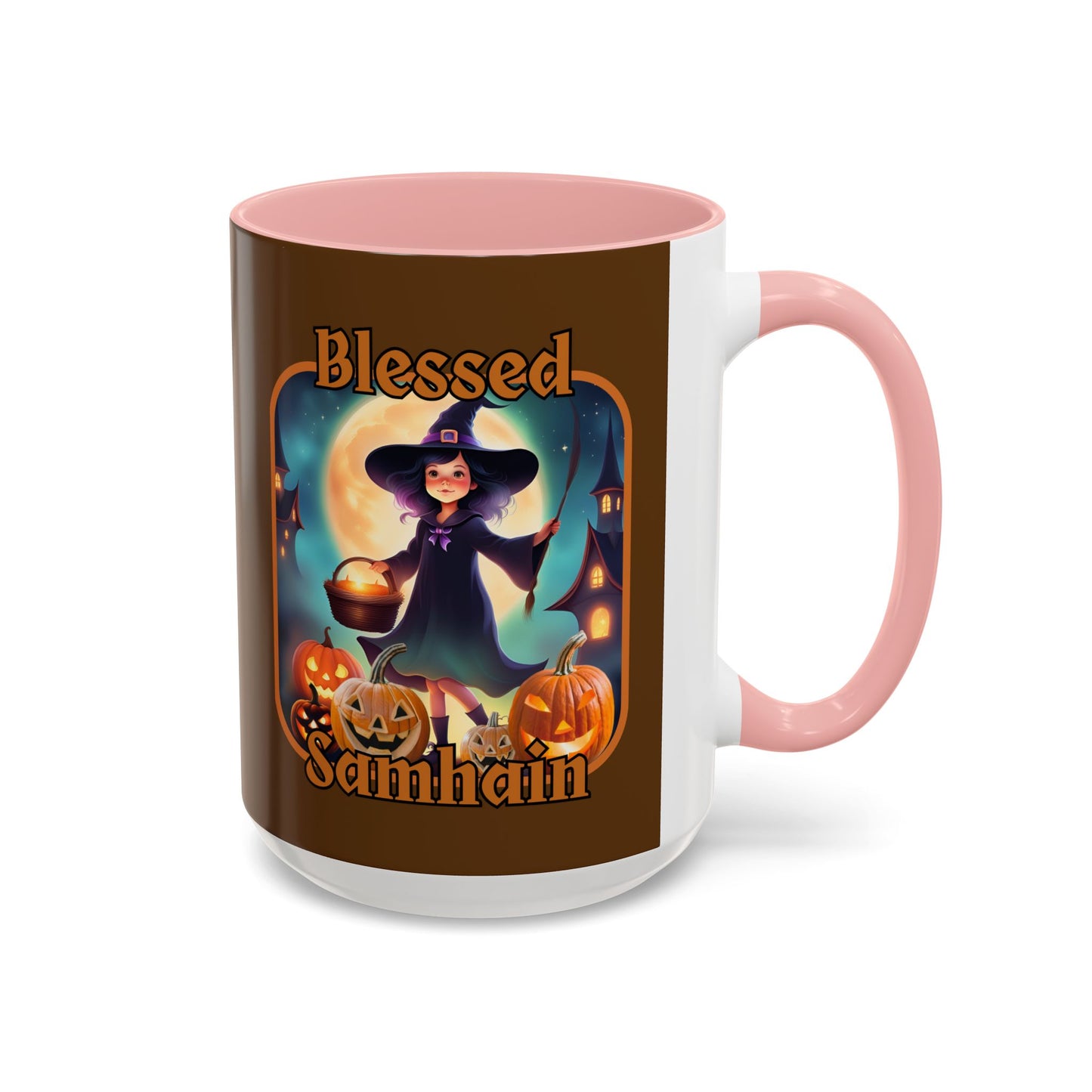 Blessed Samhain Little Witch Orange font Brown Accent Mug by CreepyCrafts.boo