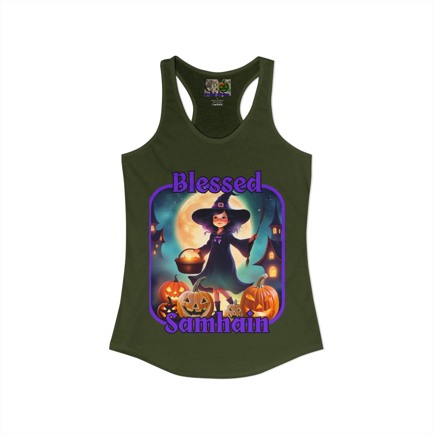 Blessed Samhain Little Witch Purple font Women's Racerback Tank Top by CreepyCrafts.boo