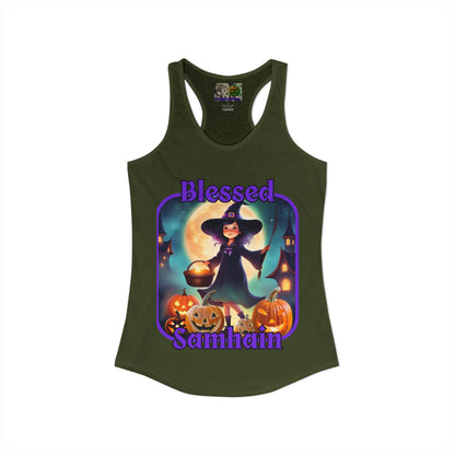 Blessed Samhain Little Witch Purple font Women's Racerback Tank Top by CreepyCrafts.boo