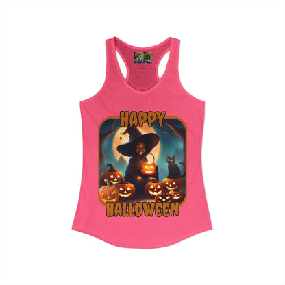 Happy Halloween Cute Witch Orange font Women's Racerback Tank Top by CreepyCrafts.boo