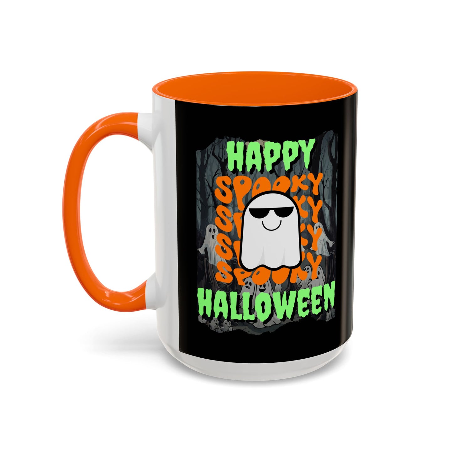 Spooky Happy Halloween Ghost Green font Black Accent Mug by CreepyCrafts.boo