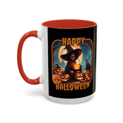 Happy Halloween Cute Witch Orange font Black Accent Mug by CreepyCrafts.boo