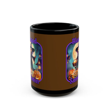 Blessed Samhain Little Witch Purple font Brown Mug by CreepyCrafts.boo