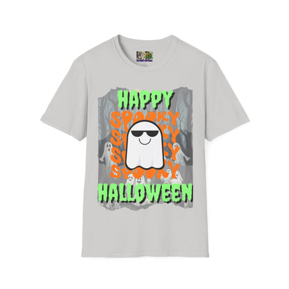 Spooky Happy Halloween Ghost Light colors Green font Unisex T-Shirt by CreepyCrafts.boo