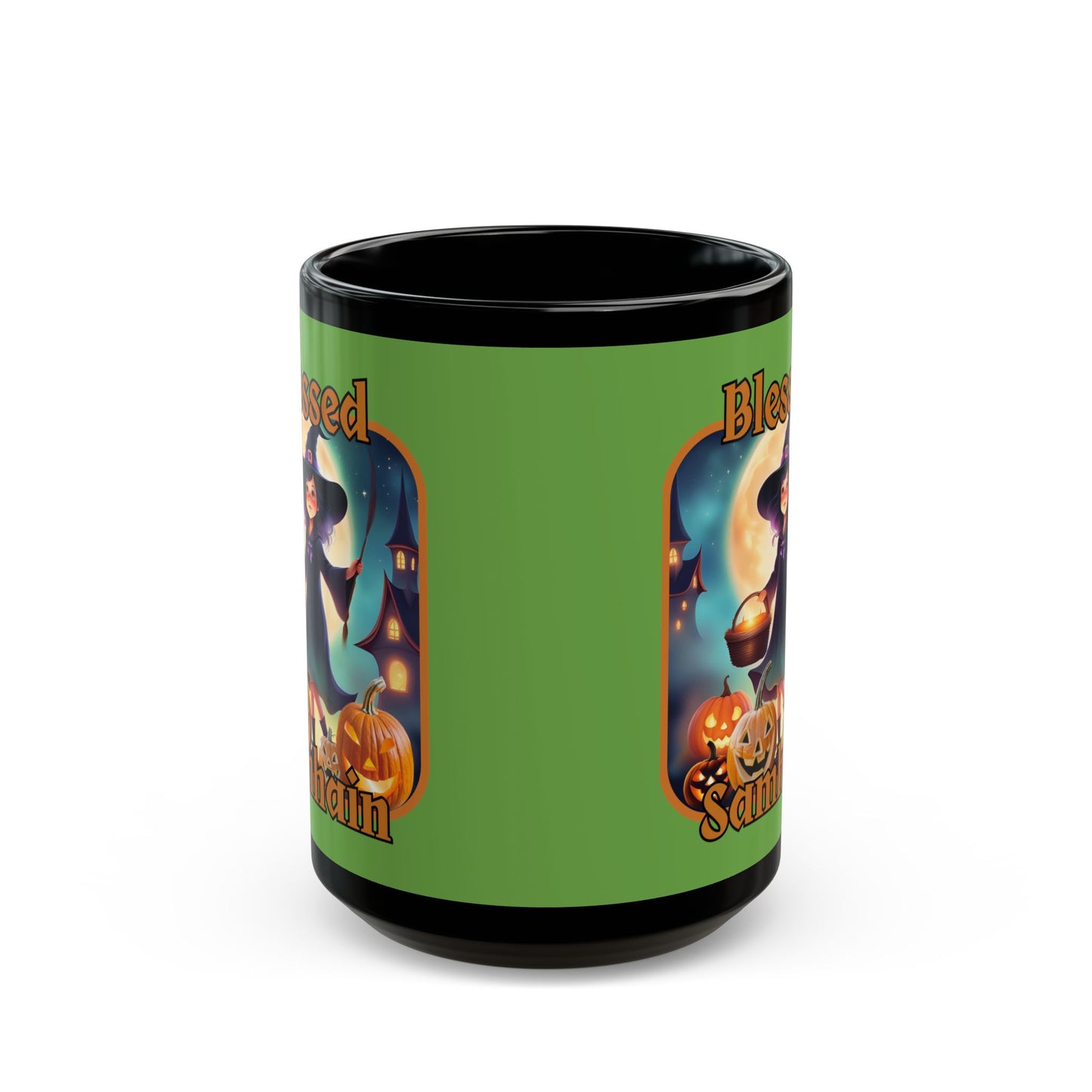 Blessed Samhain Little Witch Orange font Green Mug by CreepyCrafts.boo