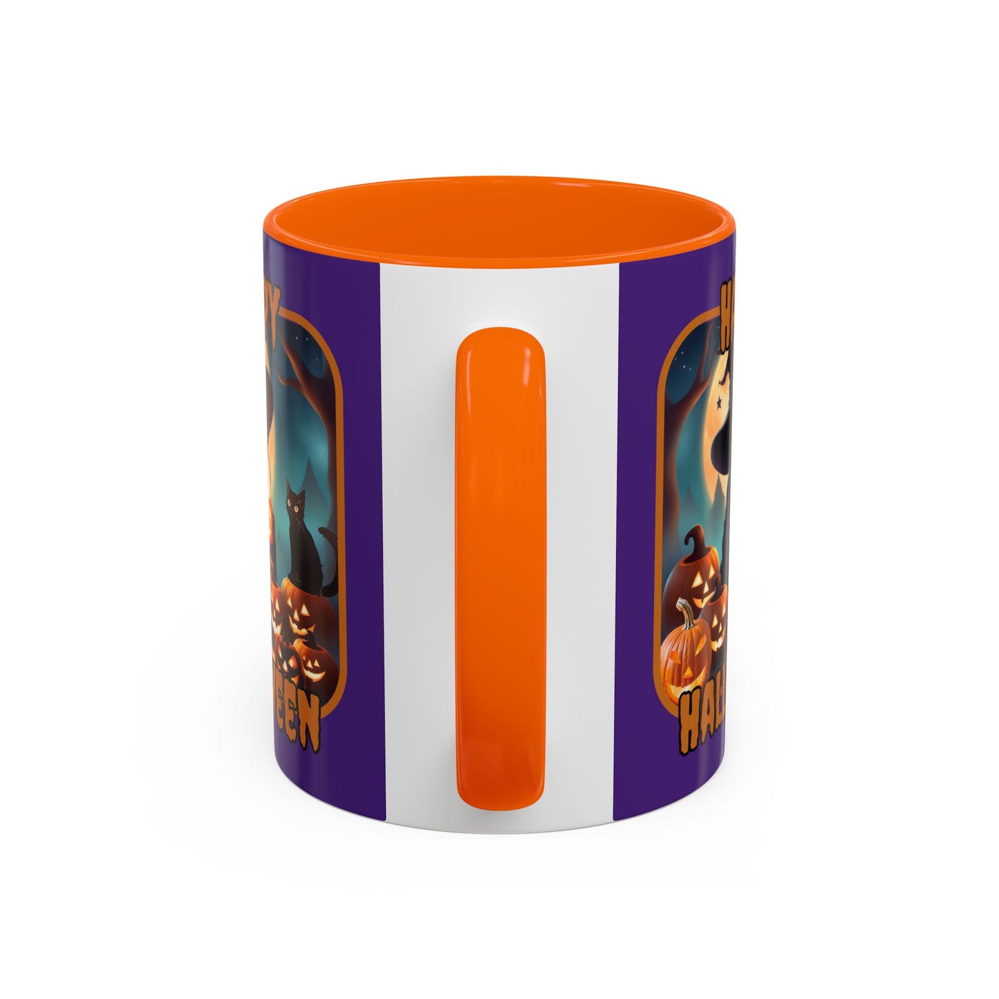 Happy Halloween Cute Witch Orange font Purple Accent Mug by CreepyCrafts.boo