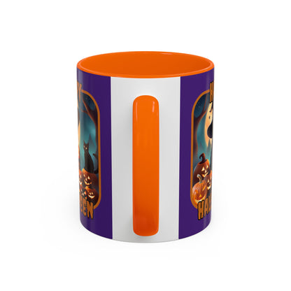 Happy Halloween Cute Witch Orange font Purple Accent Mug by CreepyCrafts.boo
