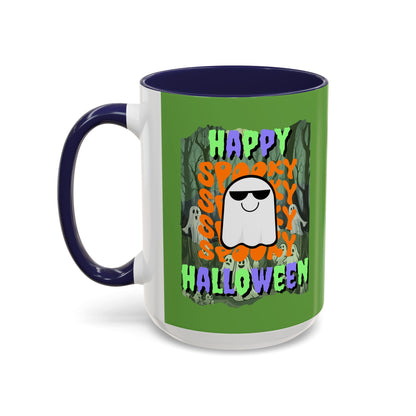 Spooky Happy Halloween Ghost Mixed font Green Accent Mug by CreepyCrafts.boo