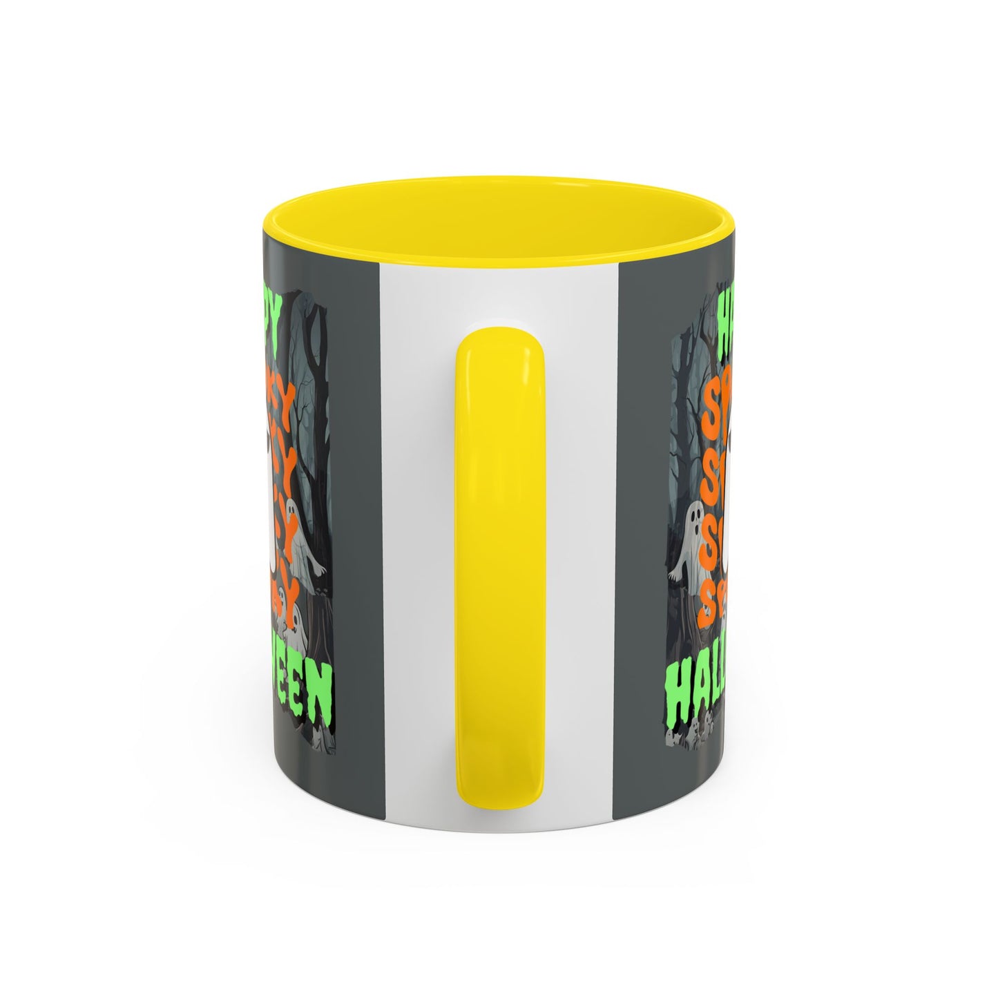 Spooky Happy Halloween Ghost Green font Grey Accent Mug by CreepyCrafts.boo