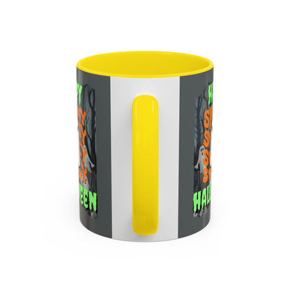 Spooky Happy Halloween Ghost Green font Grey Accent Mug by CreepyCrafts.boo