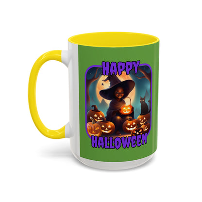 Happy Halloween Cute Witch Purple font Green Accent Mug by CreepyCrafts.boo