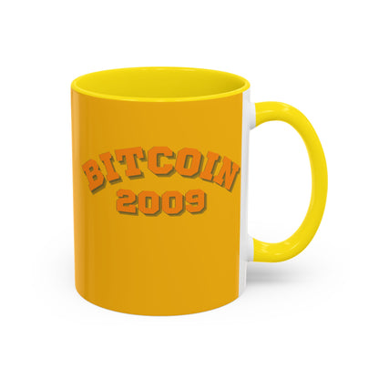 Bitcoin 2009 Yellow Accent Mug by cypherpunkgear.com