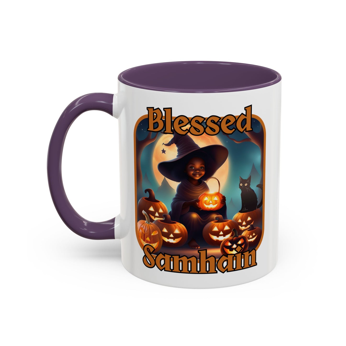 Blessed Samhain Cute Witch Orange font White Accent Mug by CreepyCrafts.boo