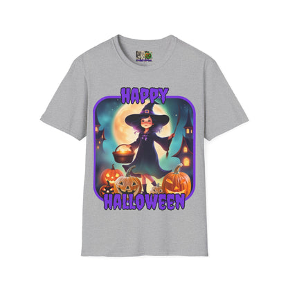 Happy Halloween Little Witch Purple font, Light colors, Unisex T-Shirt by CreepyCrafts.boo
