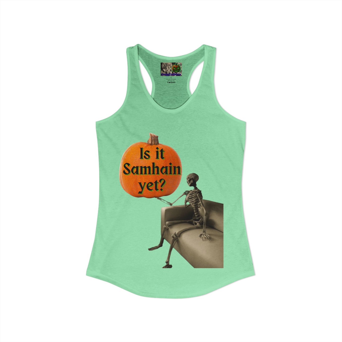 Is it Samhain yet? Skeleton's Pumpkin Women's Racerback Tank Top by CreepyCrafts.boo