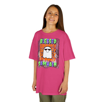 Spooky Blessed Samhain Ghost Mixed font Kids Heavy Cotton™ Tee by CreepyCrafts.boo