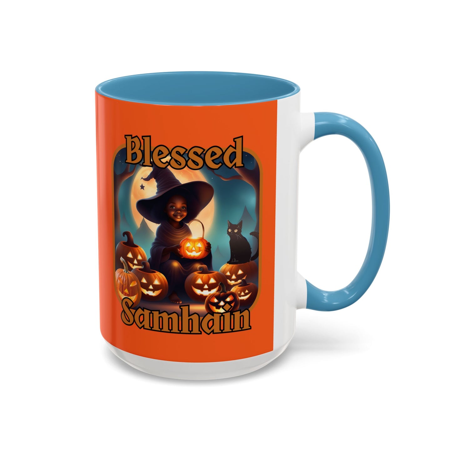 Blessed Samhain Cute Witch Orange font Orange Accent Mug by CreepyCrafts.boo