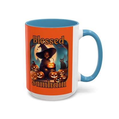 Blessed Samhain Cute Witch Orange font Orange Accent Mug by CreepyCrafts.boo