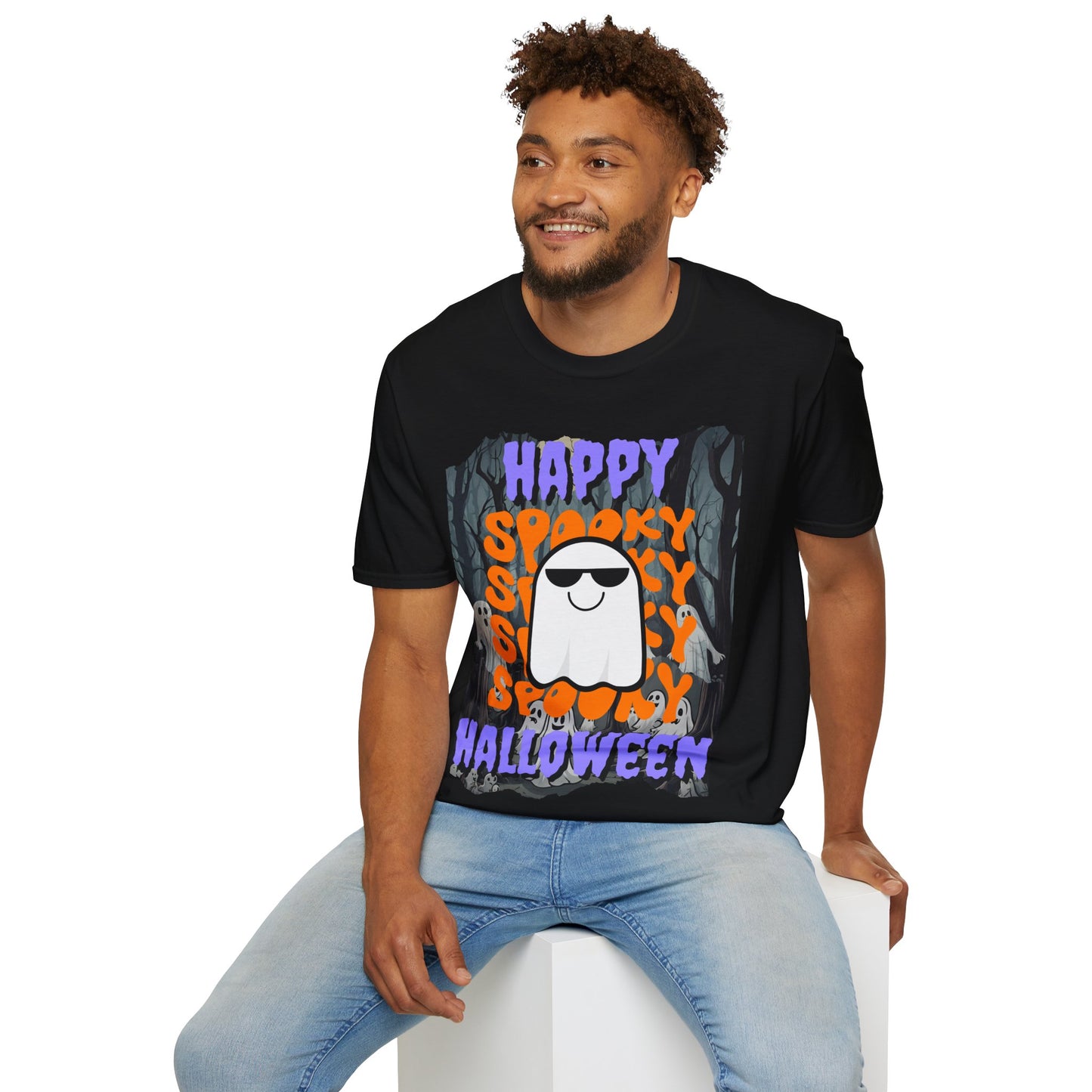 Spooky Happy Halloween Ghost Dark colors Purple font Unisex T-Shirt by CreepyCrafts.boo