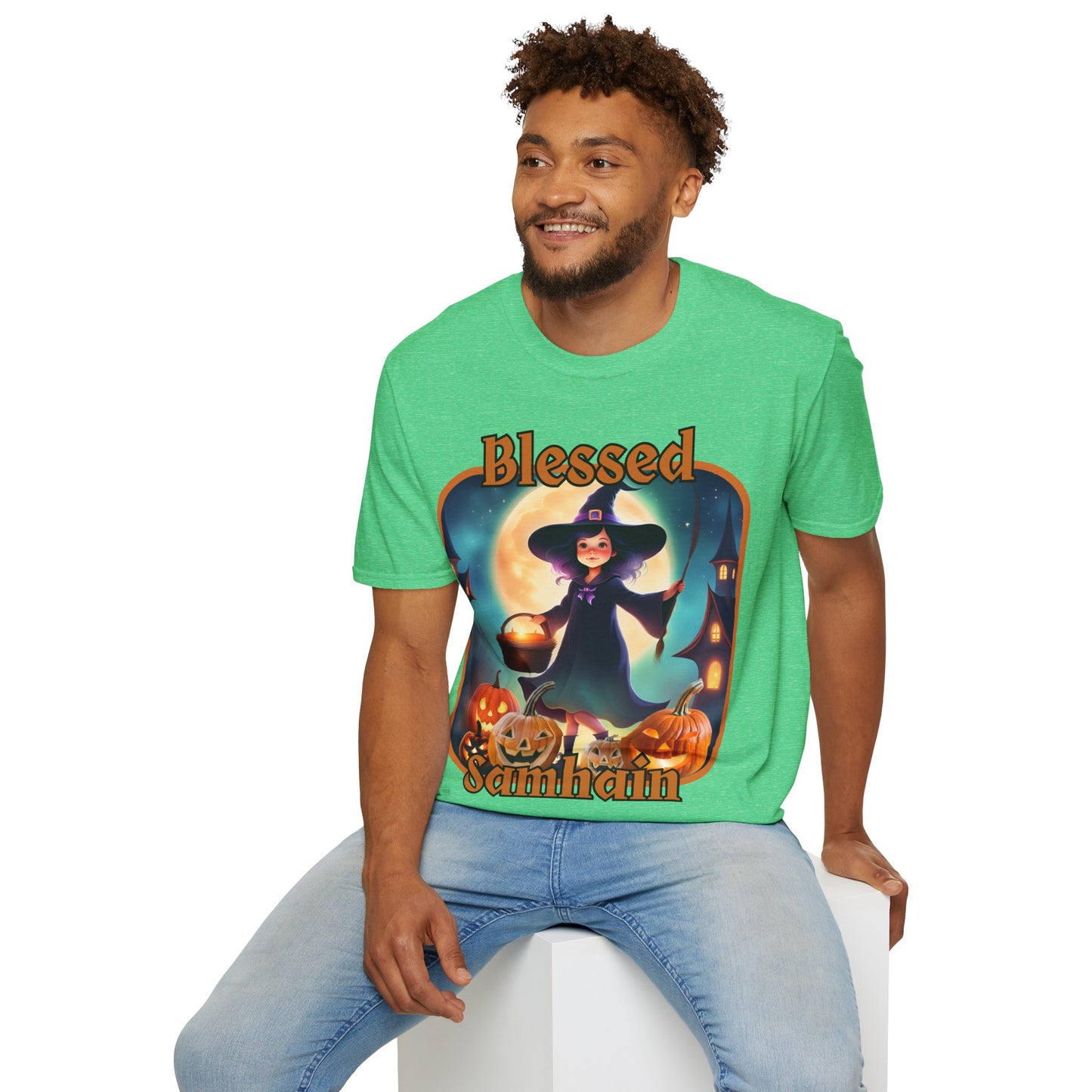 Blessed Samhain Little Witch Orange font Dark colors Unisex T-Shirt by CreepyCrafts.boo