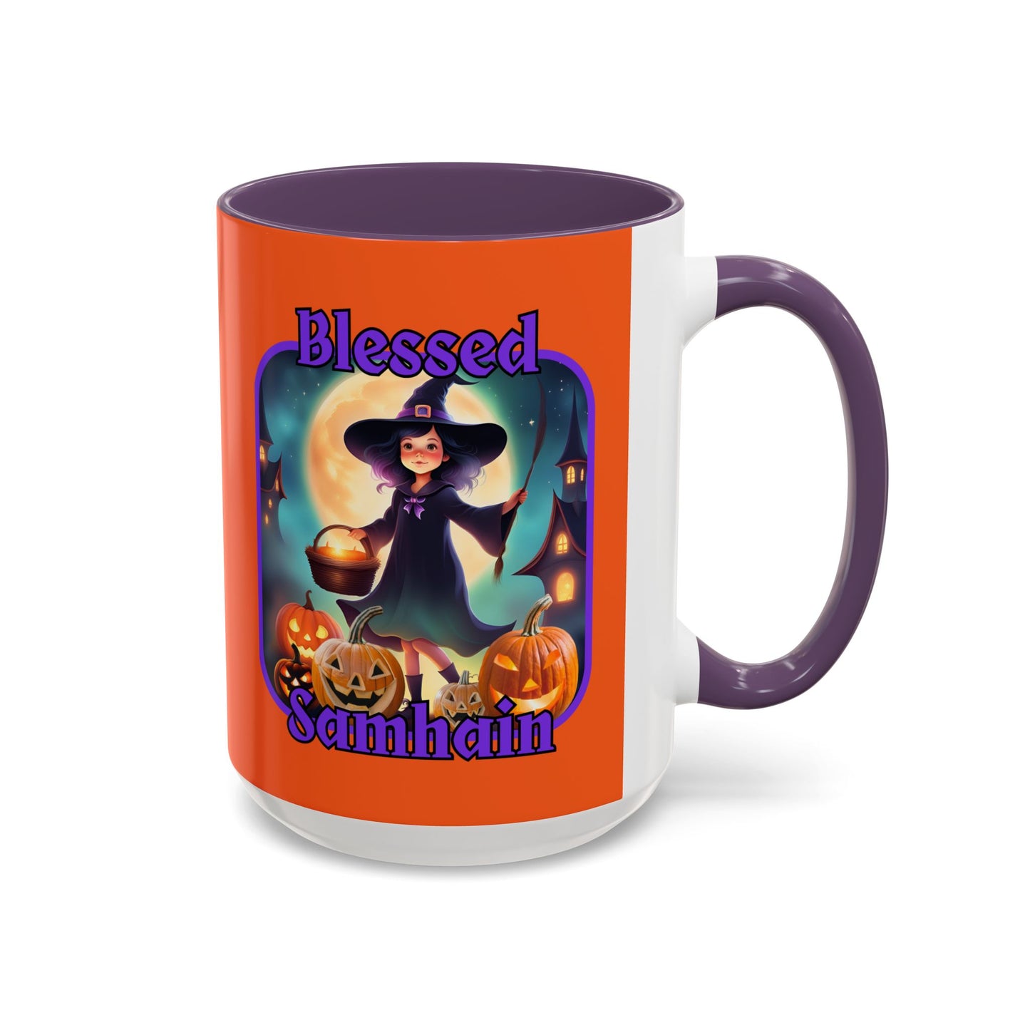 Blessed Samhain Little Witch Purple font Orange Accent Mug by CreepyCrafts.boo