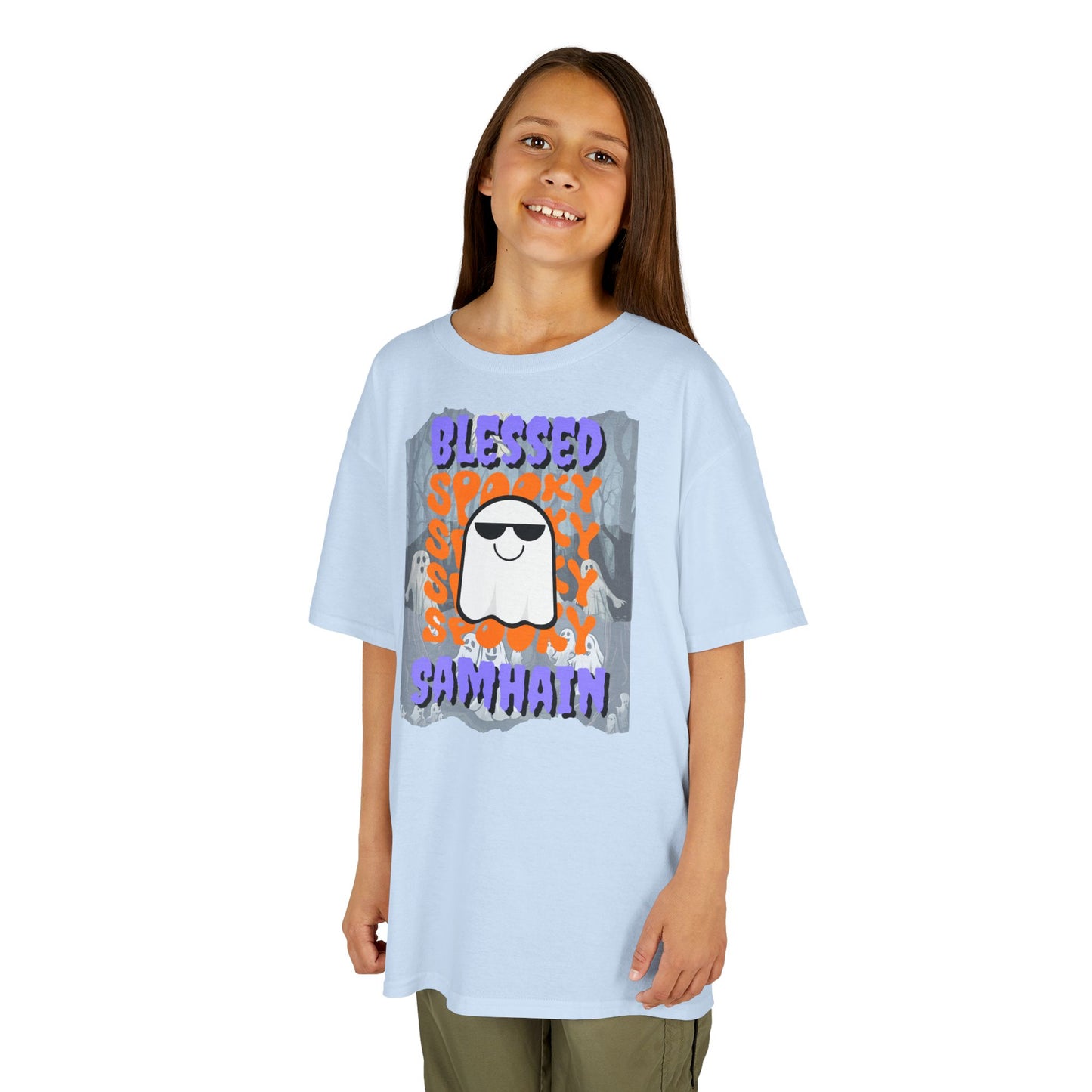 Spooky Blessed Samhain Ghost Purple font Kids Heavy Cotton™ Tee by CreepyCrafts.boo