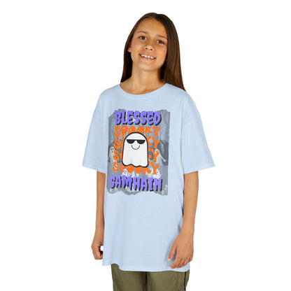 Spooky Blessed Samhain Ghost Purple font Kids Heavy Cotton™ Tee by CreepyCrafts.boo