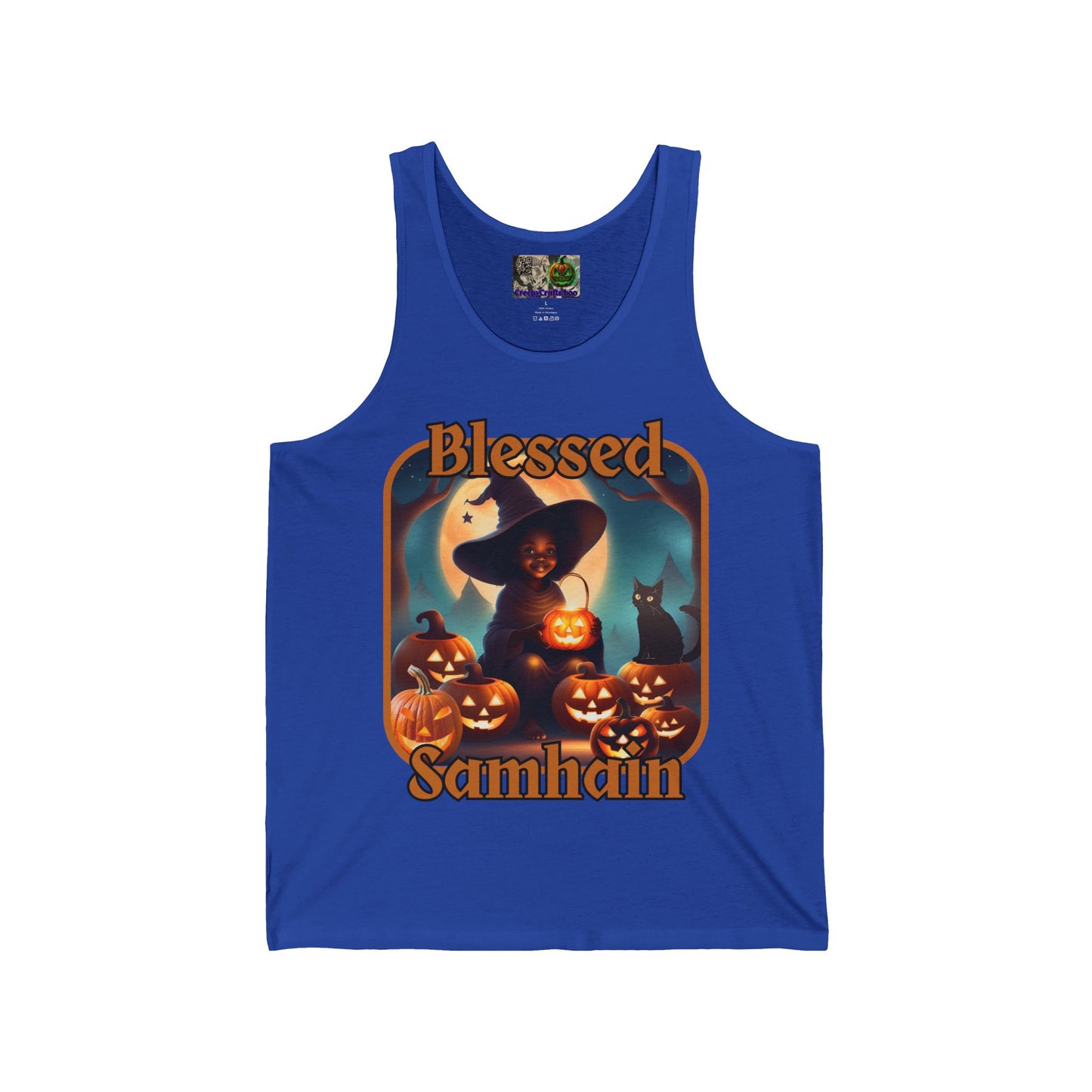 Blessed Samhain Cute Witch Orange font Unisex Jersey Tank Top by CreepyCrafts.boo
