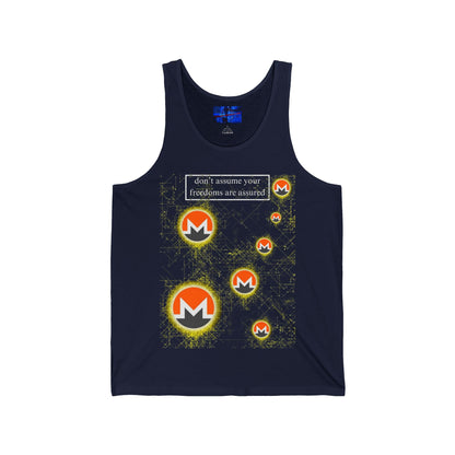 Monero (XMR) don't assume your freedoms are assured Dark colors Unisex Jersey Tank Top by cypherpunkgear.com