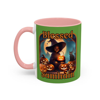 Blessed Samhain Cute Witch Orange font Green Accent Mug by CreepyCrafts.boo