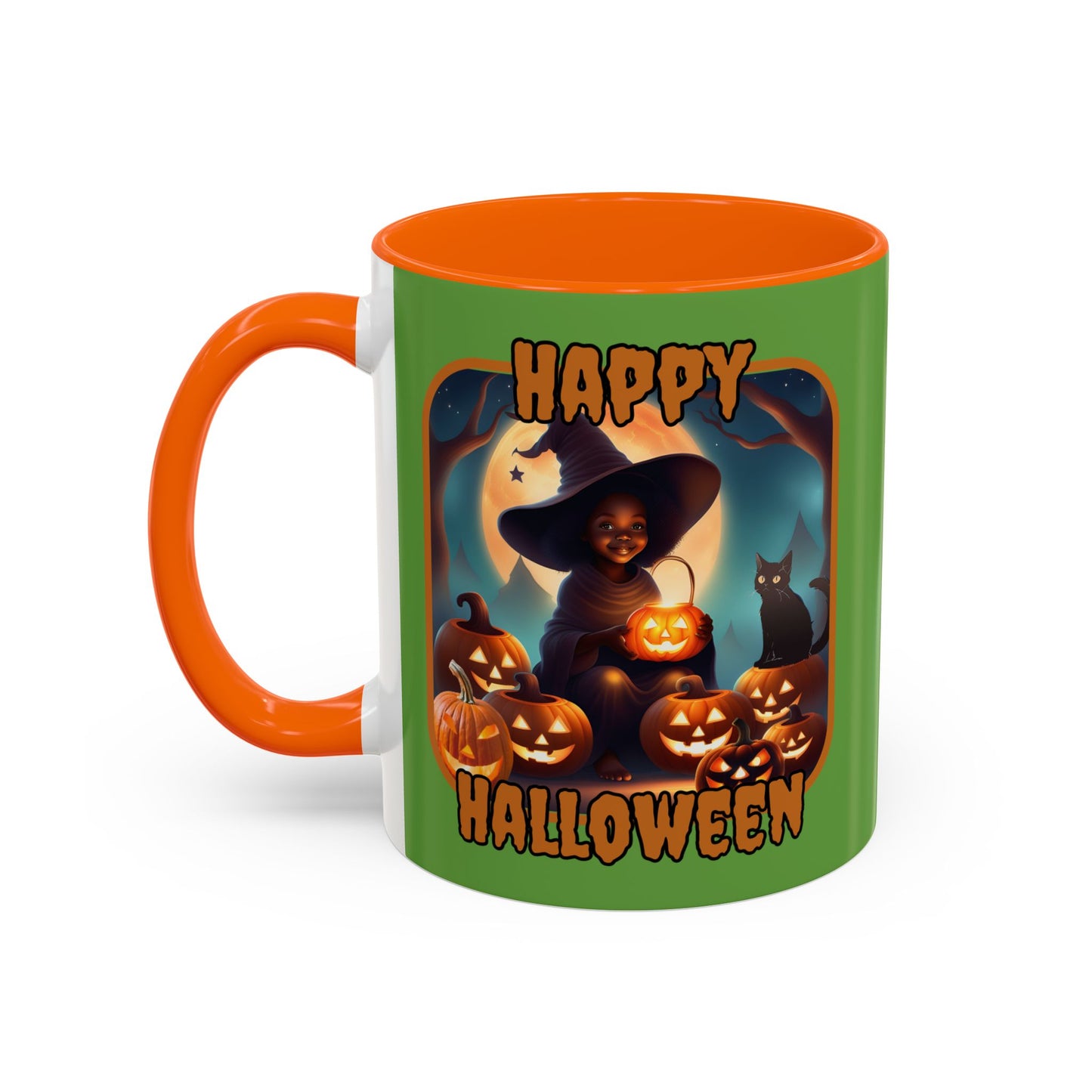 Happy Halloween Cute Witch Orange font Green Accent Mug by CreepyCrafts.boo
