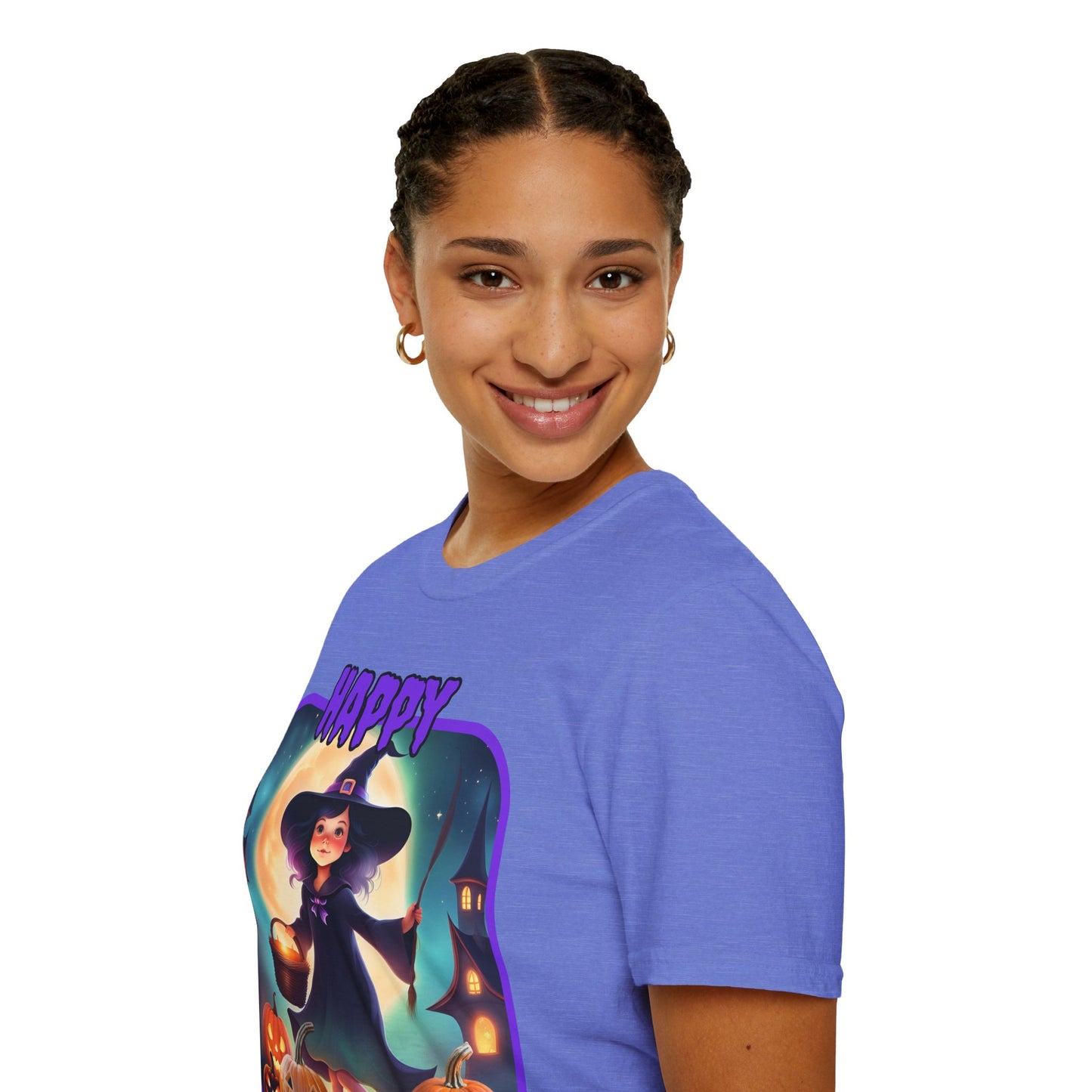 Happy Halloween Little Witch Purple font, Light colors, Unisex T-Shirt by CreepyCrafts.boo