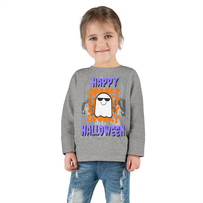Spooky Happy Halloween Ghost Purple font Toddler Long Sleeve Tee by CreepyCrafts.boo