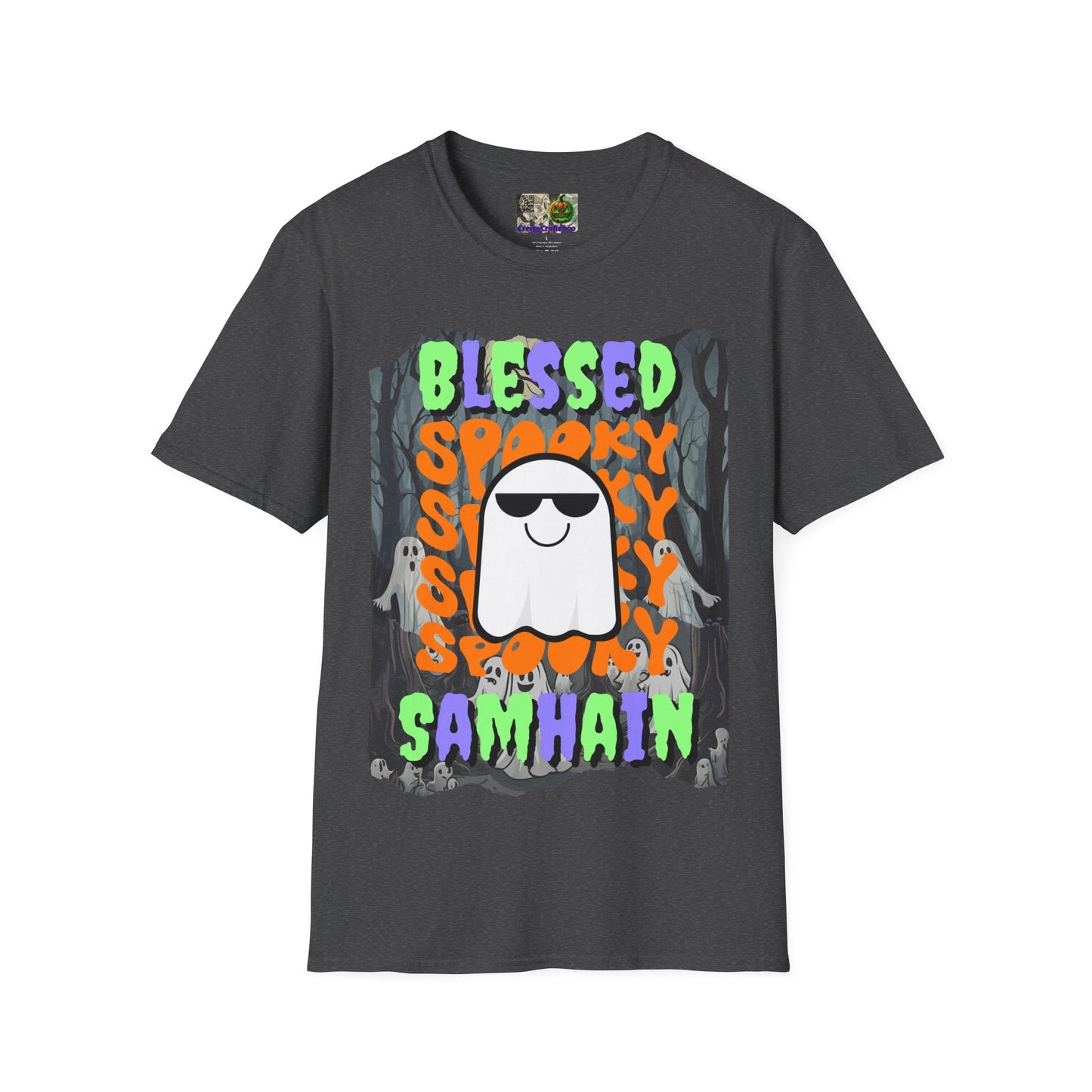 Spooky Blessed Samhain Ghost Mixed font Unisex T-Shirt by CreepyCrafts.boo