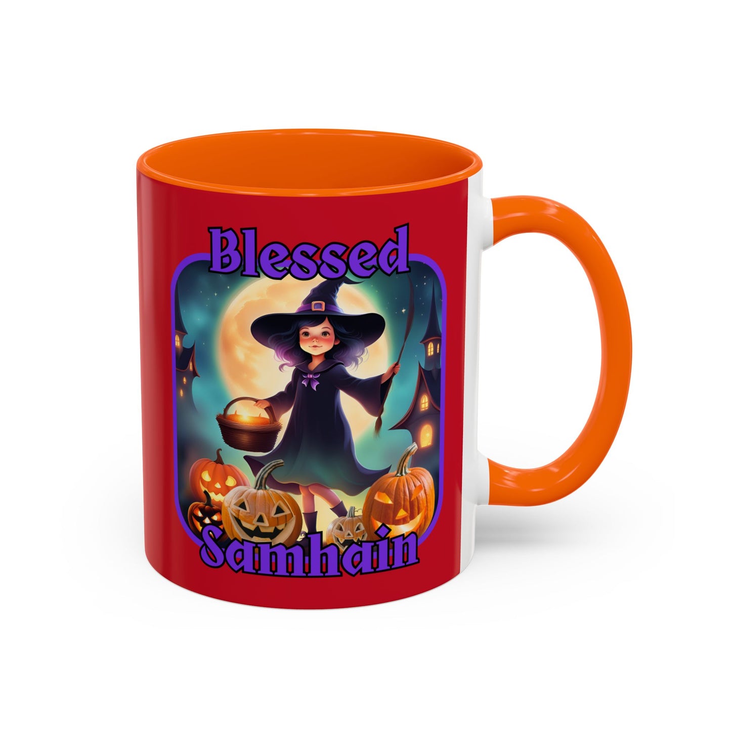Blessed Samhain Little Witch Purple font Red Accent Mug by CreepyCrafts.boo