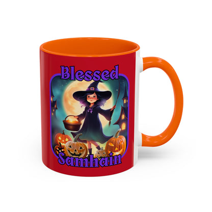 Blessed Samhain Little Witch Purple font Red Accent Mug by CreepyCrafts.boo
