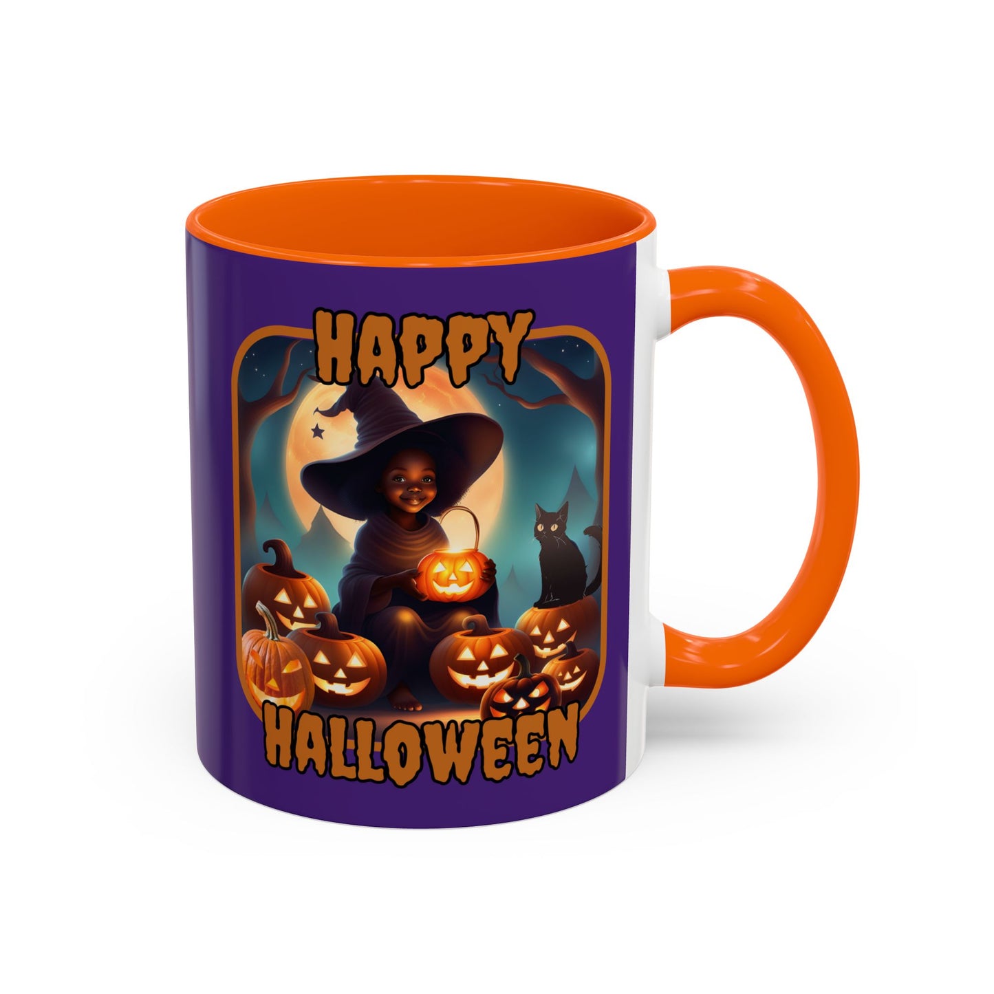 Happy Halloween Cute Witch Orange font Purple Accent Mug by CreepyCrafts.boo