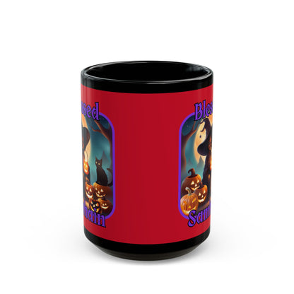 Blessed Samhain Cute Witch Purple font Red Mug by CreepyCrafts.boo