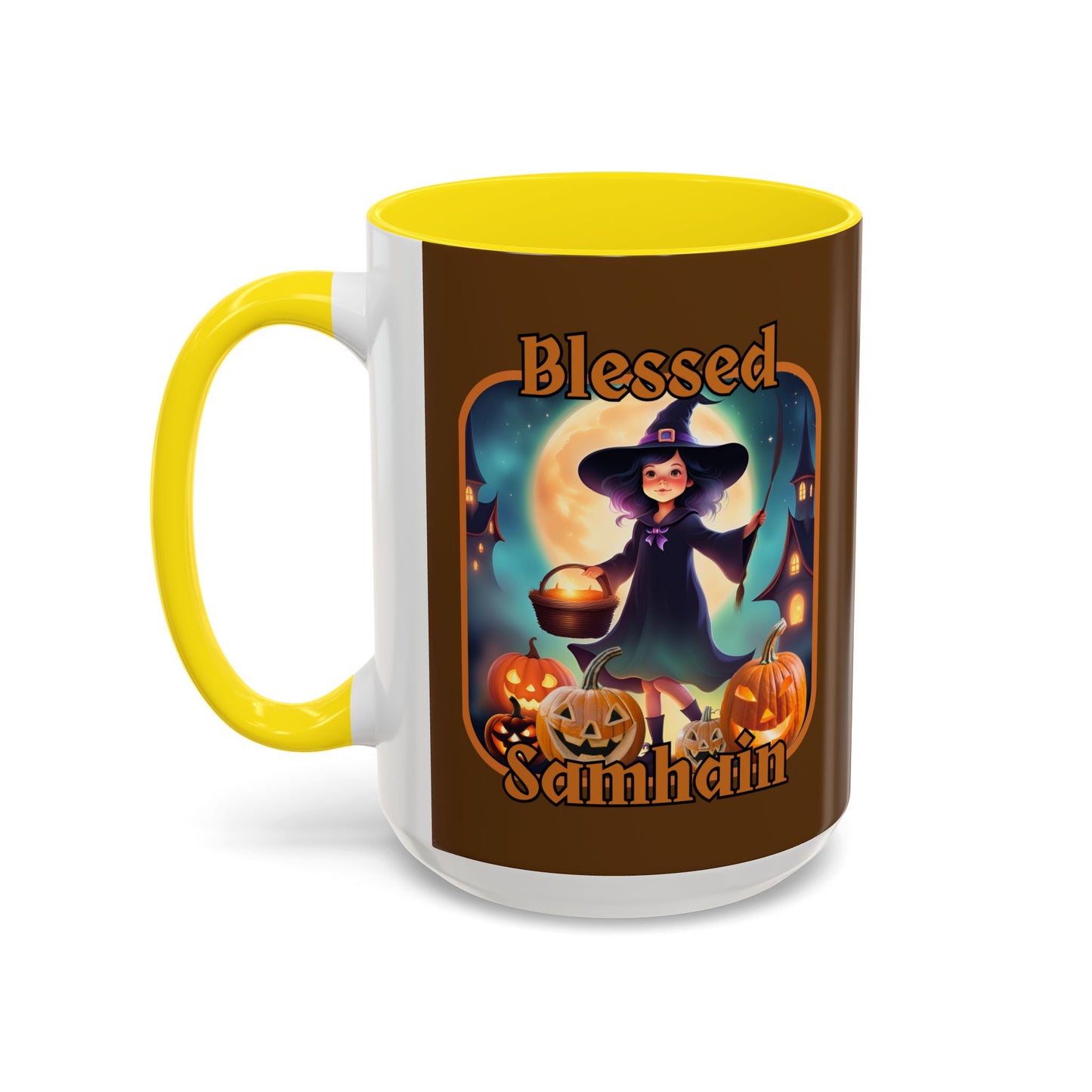 Blessed Samhain Little Witch Orange font Brown Accent Mug by CreepyCrafts.boo