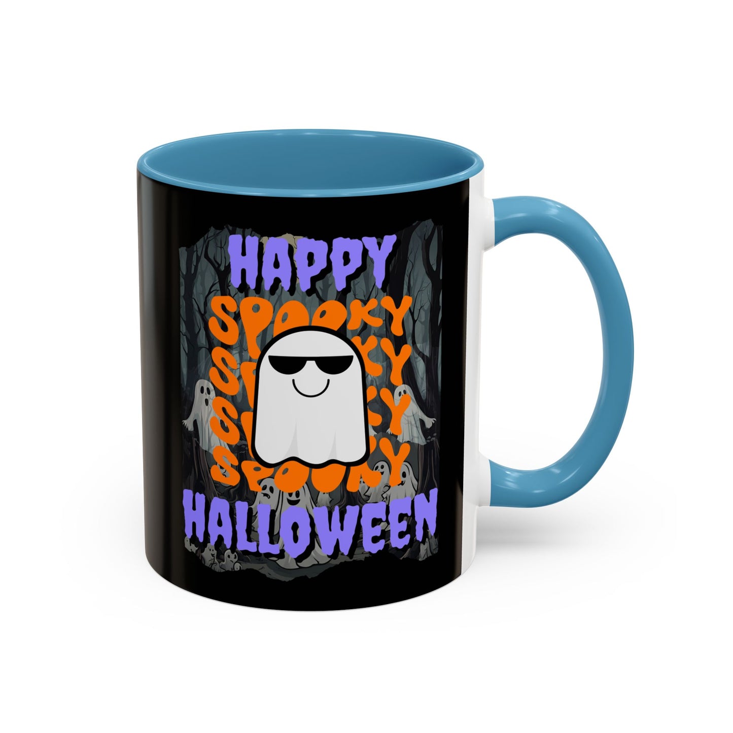 Spooky Happy Halloween Ghost Purple font Black Accent Mug by CreepyCrafts.boo