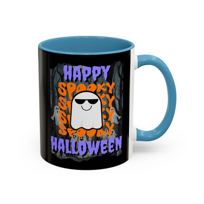 Spooky Happy Halloween Ghost Purple font Black Accent Mug by CreepyCrafts.boo