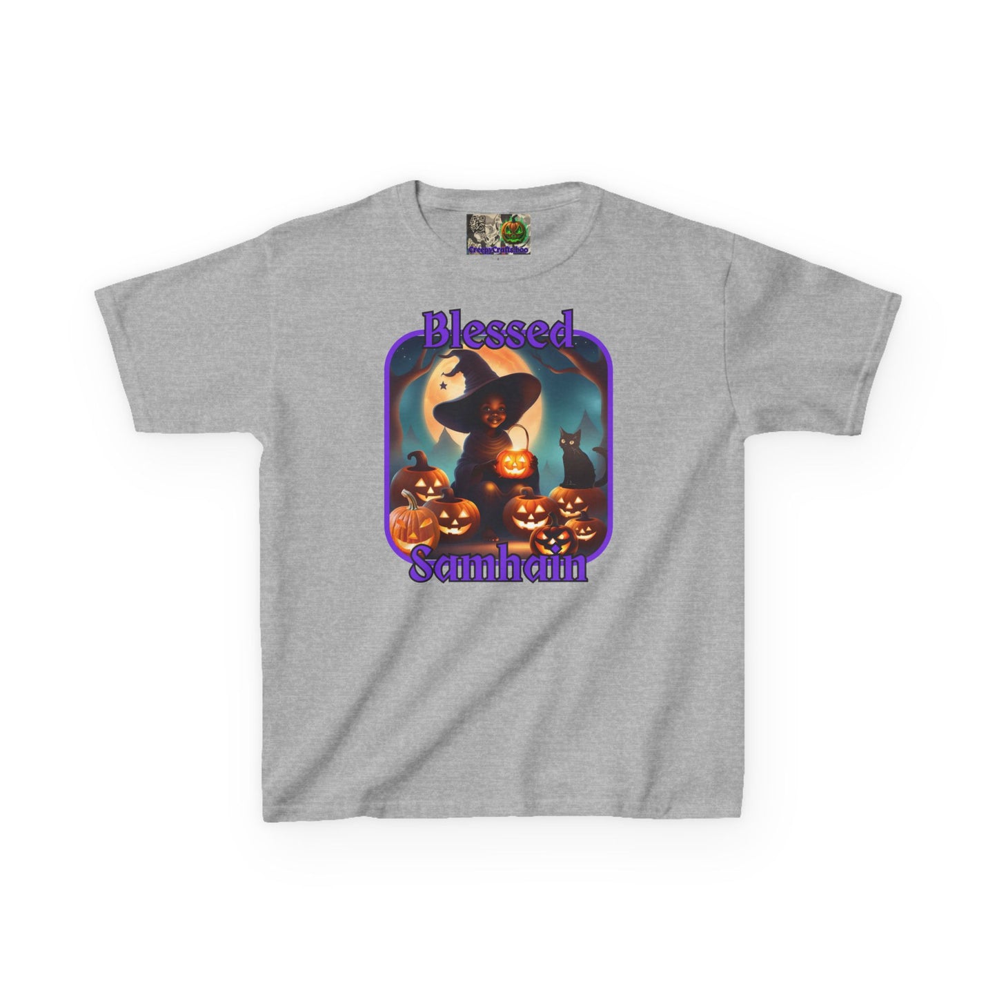 Blessed Samhain Cute Witch Purple font Kids Heavy Cotton™ Tee by CreepyCrafts.boo