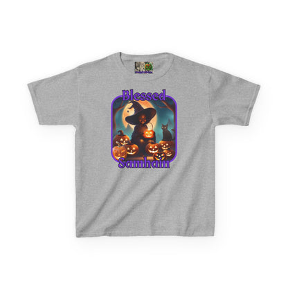 Blessed Samhain Cute Witch Purple font Kids Heavy Cotton™ Tee by CreepyCrafts.boo