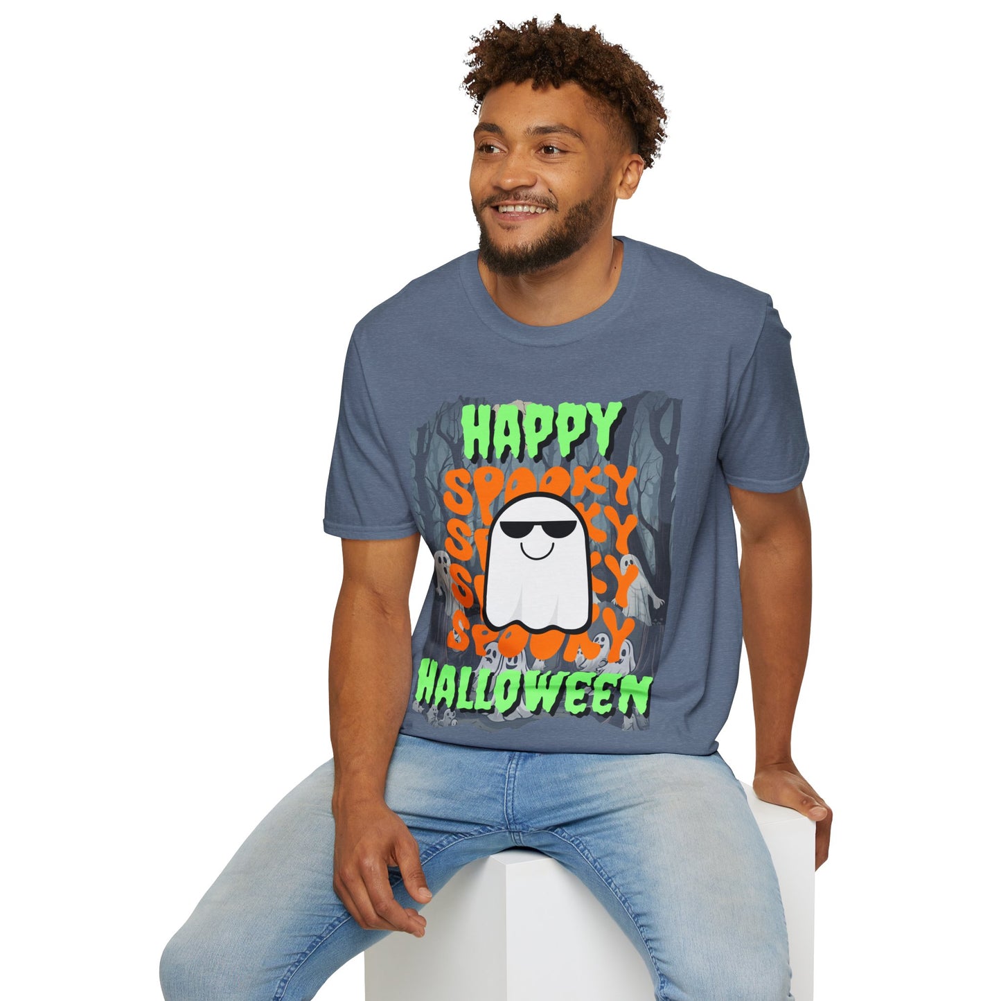 Spooky Happy Halloween Ghost Dark colors Green font Unisex T-Shirt by CreepyCrafts.boo