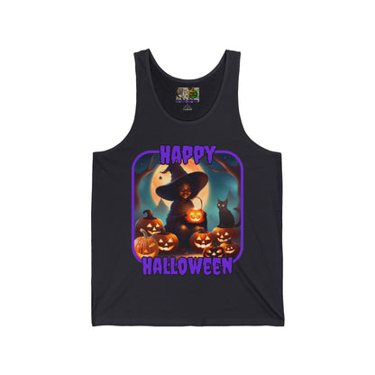 Happy Halloween Cute Witch Purple font Unisex Jersey Tank Top by CreepyCrafts.boo