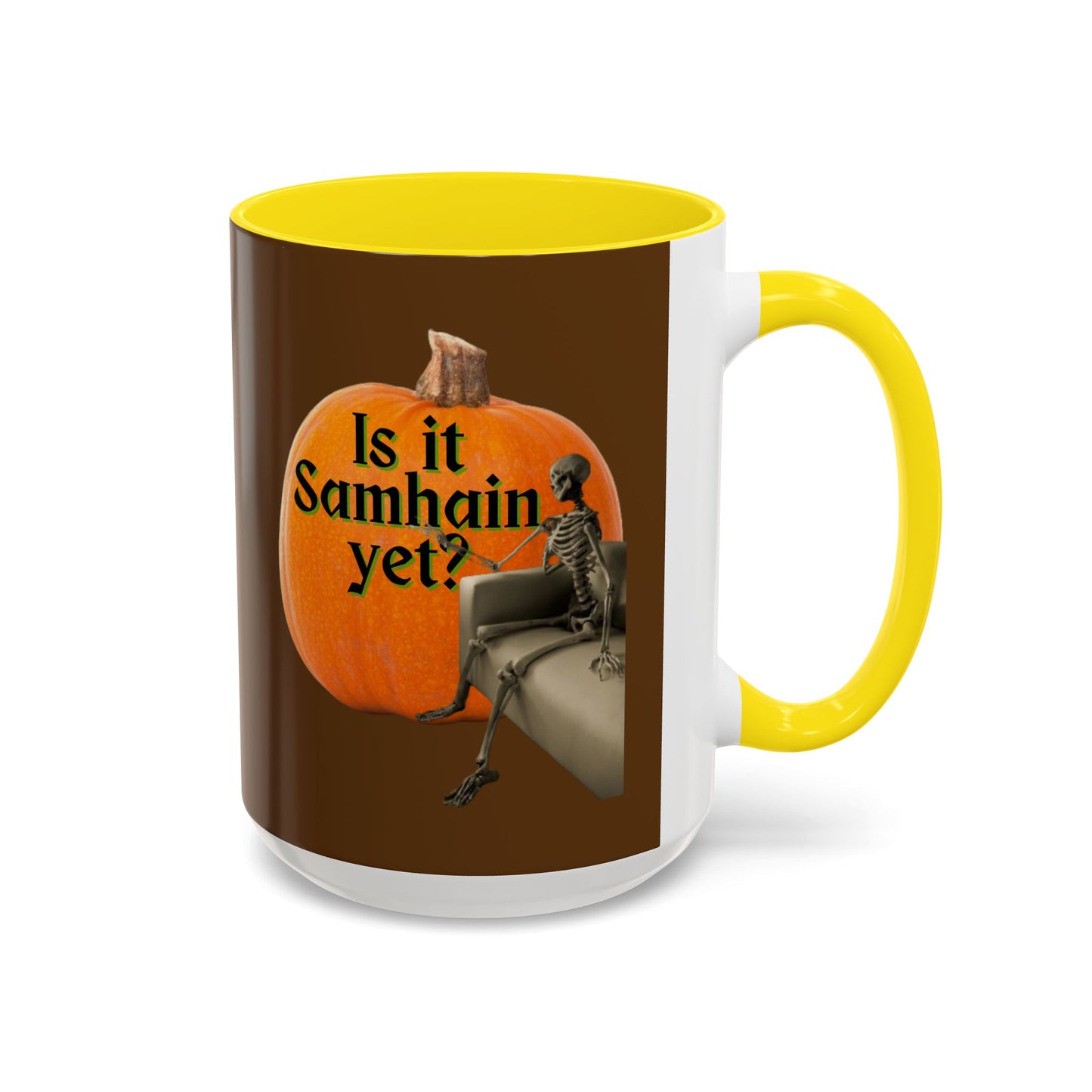 Is It Samhain Yet? Skeleton's Giant Pumpkin Brown Accent Mug by CreepyCrafts.boo