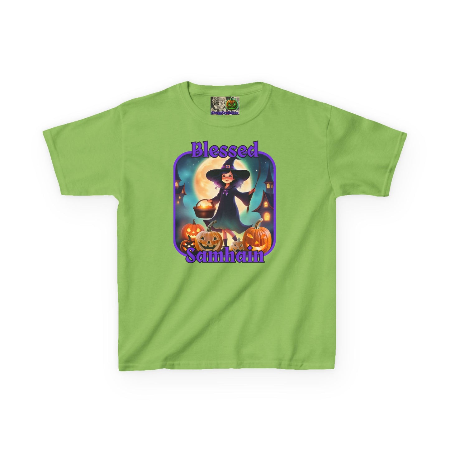 Blessed Samhain Little Witch Purple font Kids Heavy Cotton™ Tee by CreepyCrafts.boo