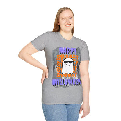 Spooky Happy Halloween Ghost Light colors Purple font Unisex T-Shirt by CreepyCrafts.boo